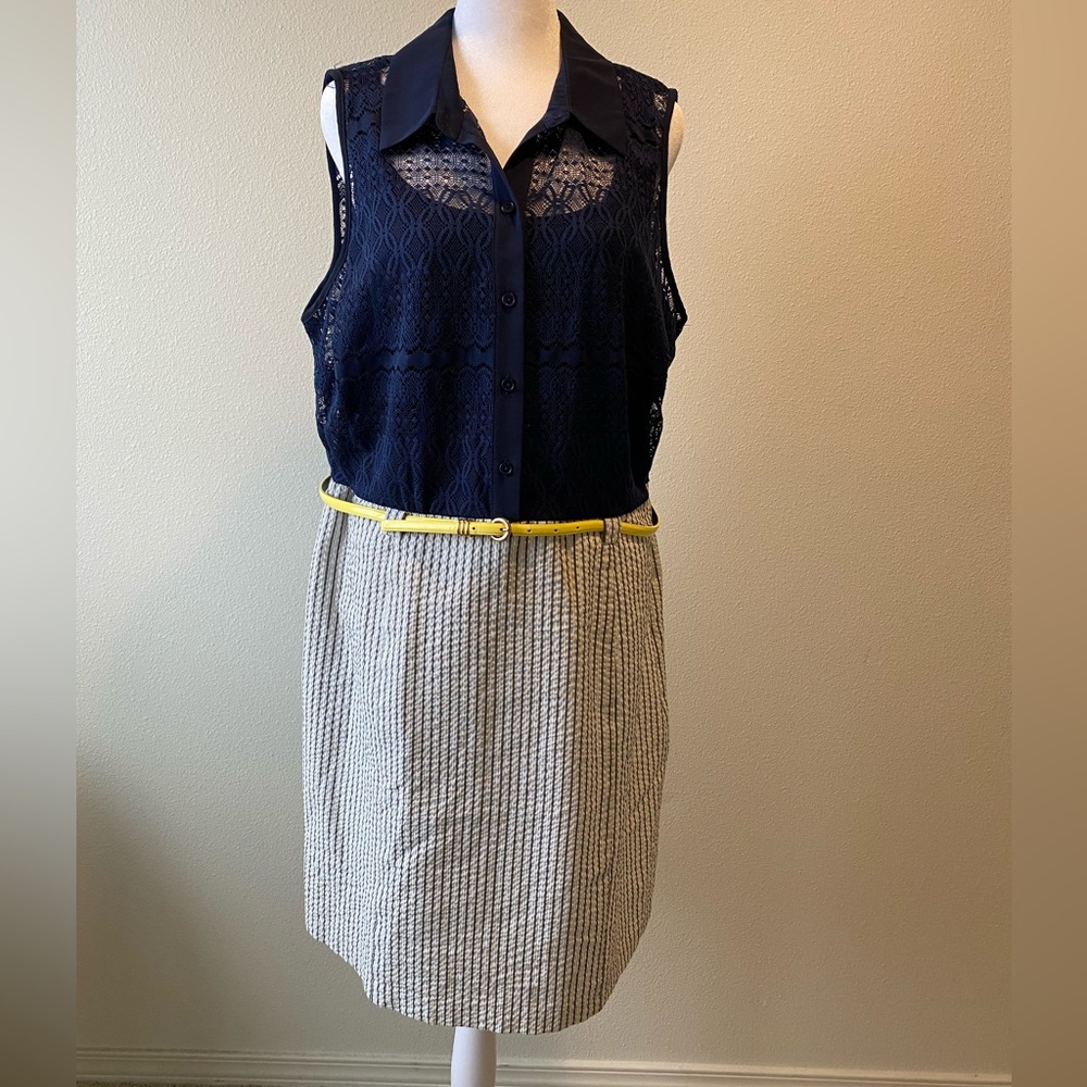 Alyx size 18 dress. Blue lace detail top, stripped textured shirt. Knee length